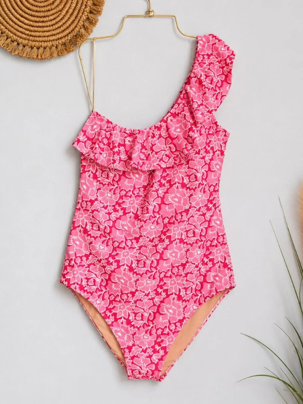 J. Crew NEW One Shoulder Ruffle One Piece Pink Red Floral Swimsuit SZ Large Chic